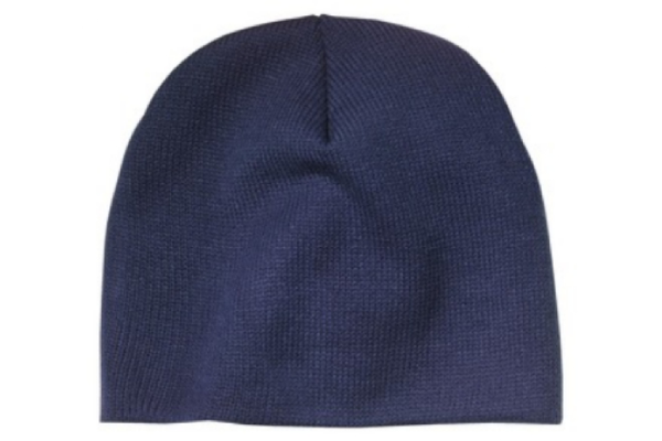 A blue beanie hat with a white dot on it.