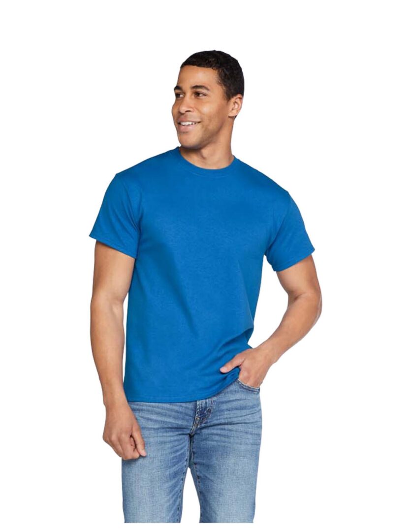 A man wearing a blue shirt and jeans.