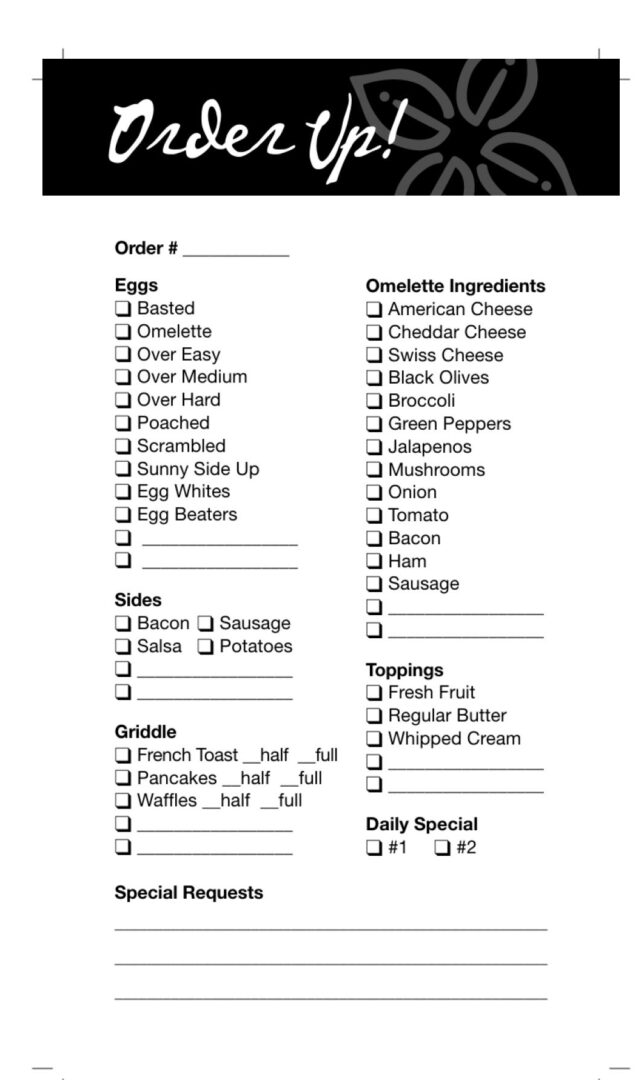 A food order form with multiple items in it.