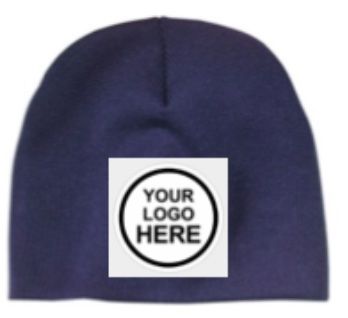 A blue beanie with a logo on it.