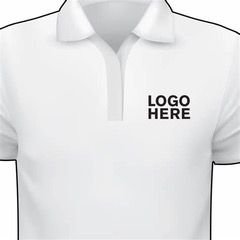A white polo shirt with the logo of a company.